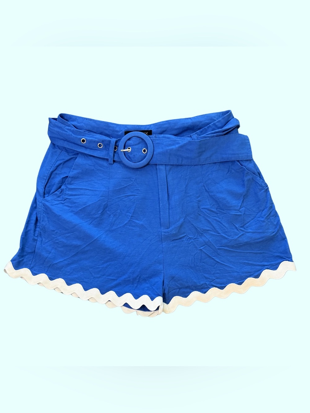 MINKPINK Cobalt Blue High Waist Shorts with White Scalloped Hem and Belt - Picture 3 of 6